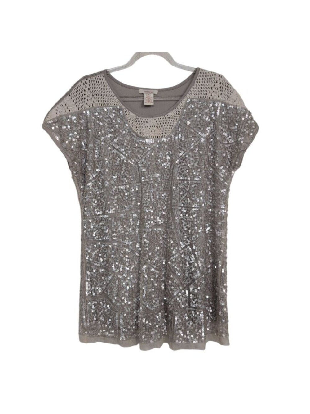Sundance Crochet Sequin Shirt Womens Size Medium Taupe Holiday Boho Glam Whimsig